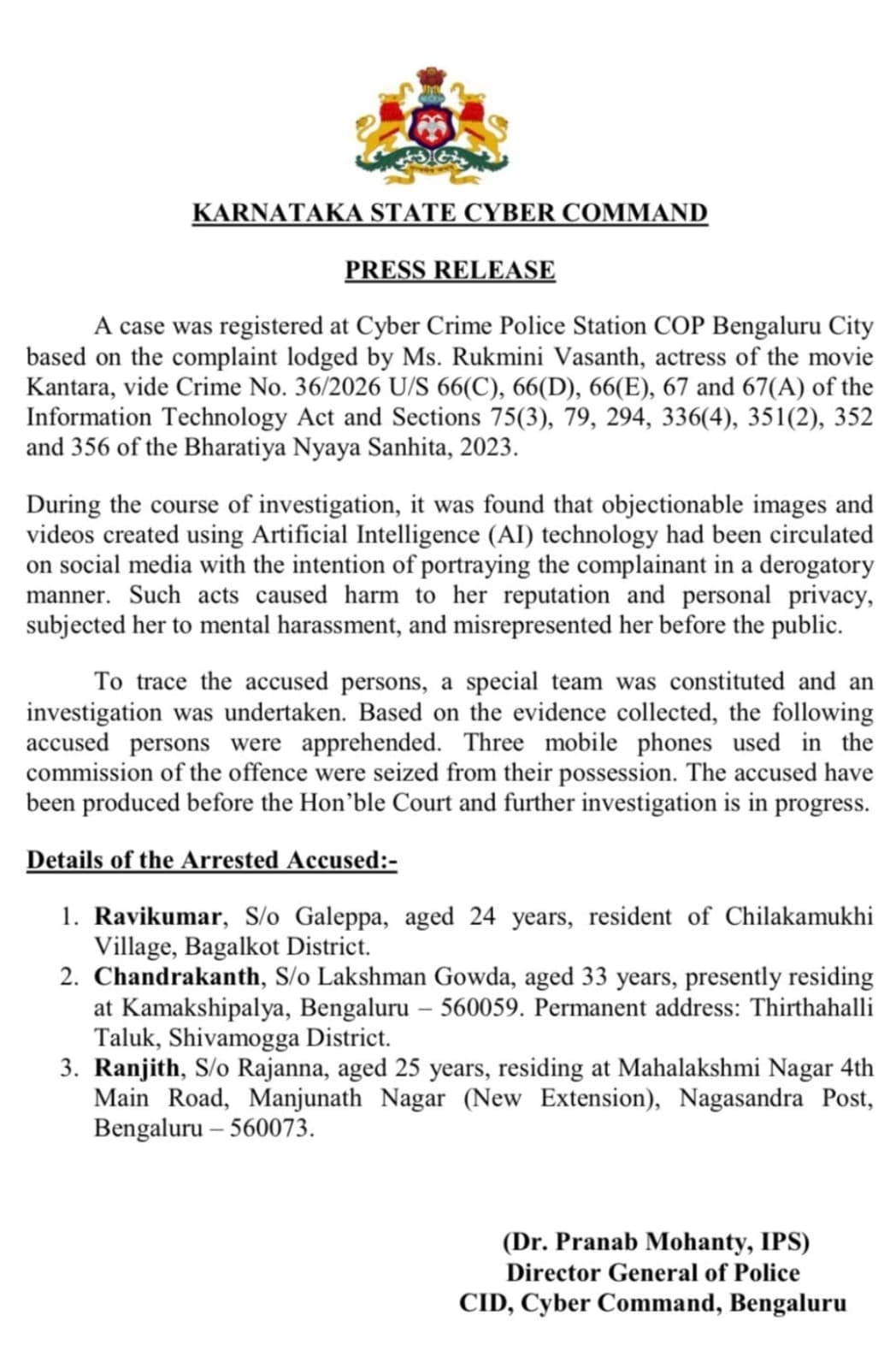 Kantara Actress Rukmini Vasanth Files Cybercrime Case Over AI-Generated Deepfakes; Three Arrested
